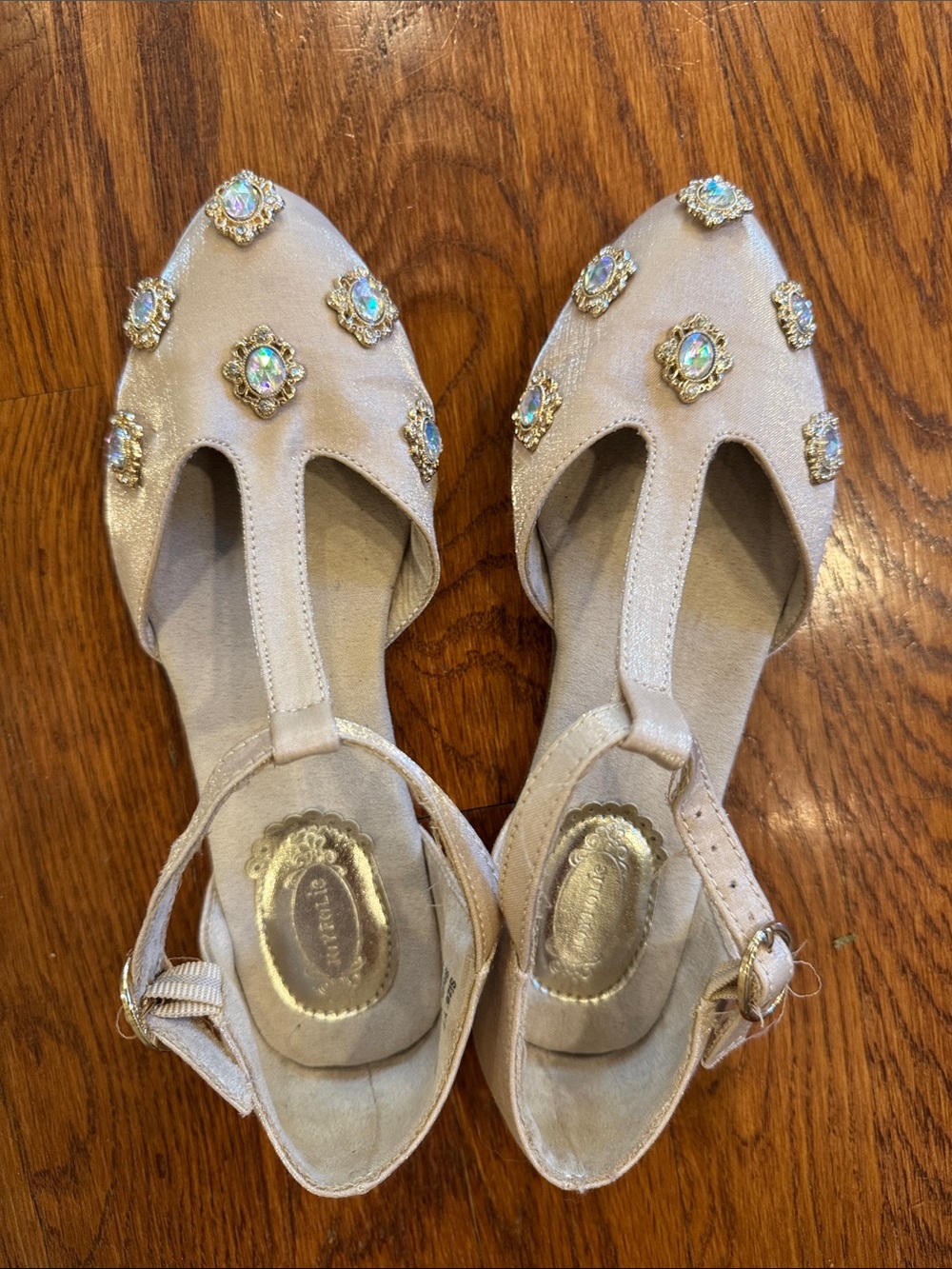 Joyfolie Champagne T-Strap Flats with Crystal Accents